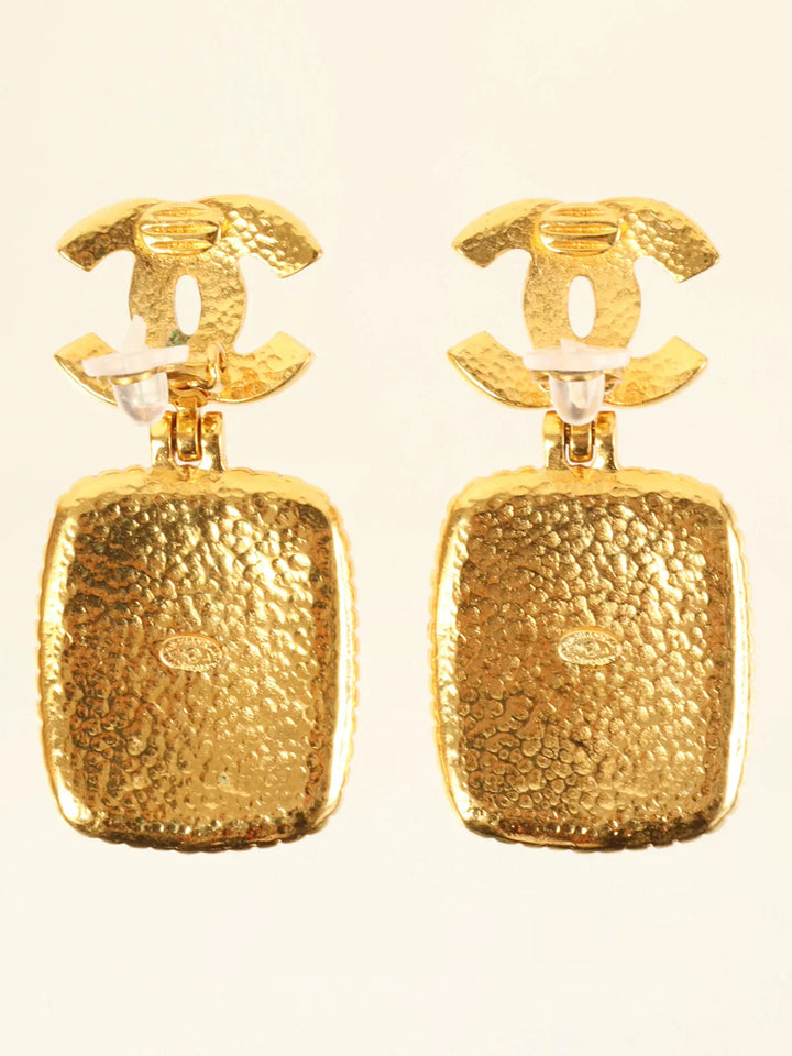 Chanel 1996 Made Gripoix Square Cc Mark Swing Earrings Gold/Brown