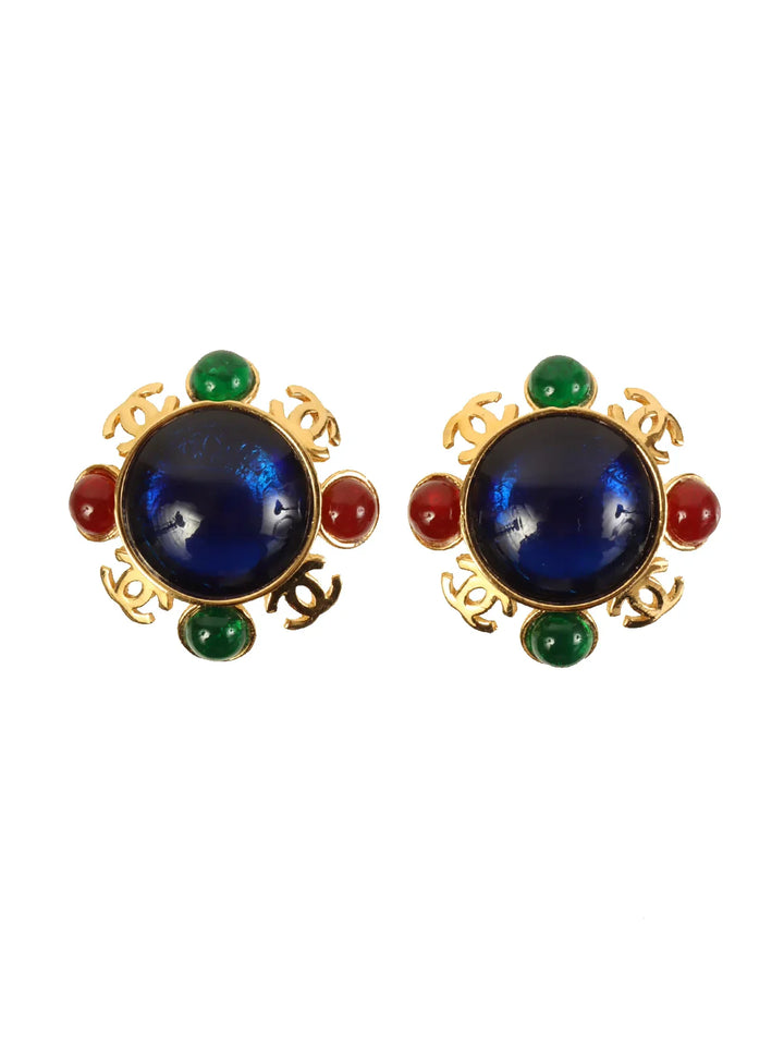 Chanel 1990 Made Gripoix 4 Cc Mark Plate Earrings Gold/Multi
