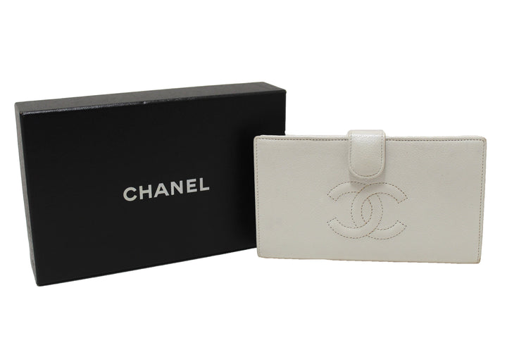 Top Quality Chanel Vintage White Caviar CC Leather Classic Long Wallet