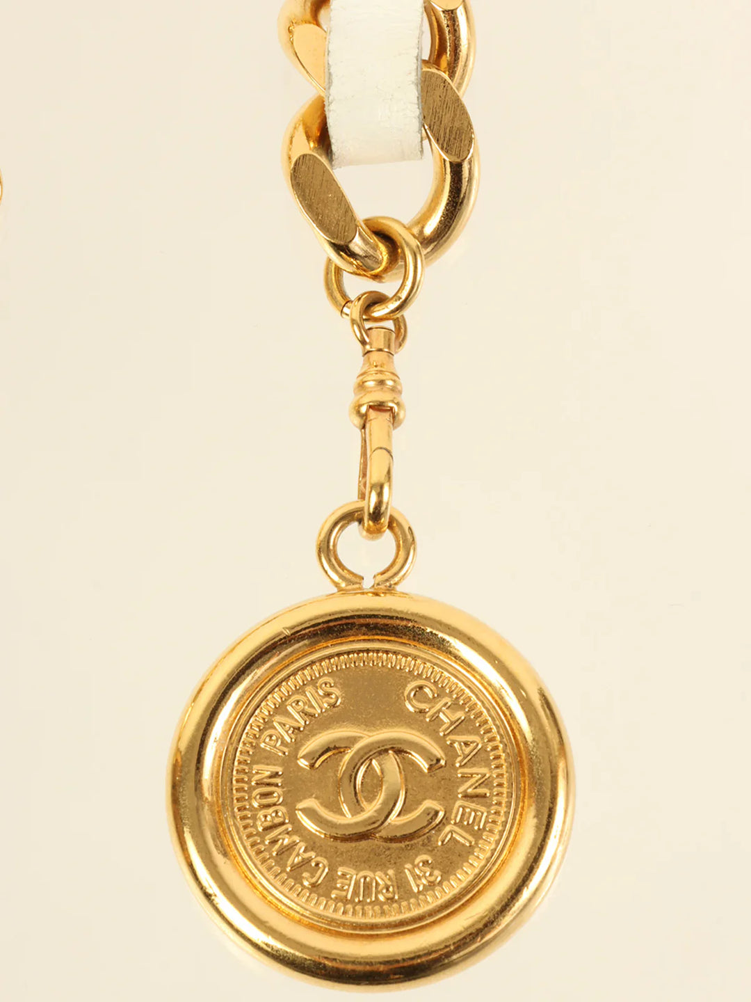 Chanel 1995 Made Logo Plate Cc Mark Coin Charm Chain Belt Gold/White