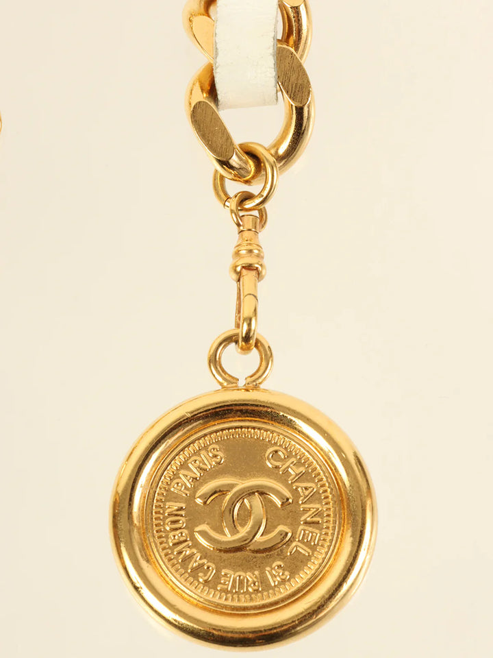 Chanel 1995 Made Logo Plate Cc Mark Coin Charm Chain Belt Gold/White