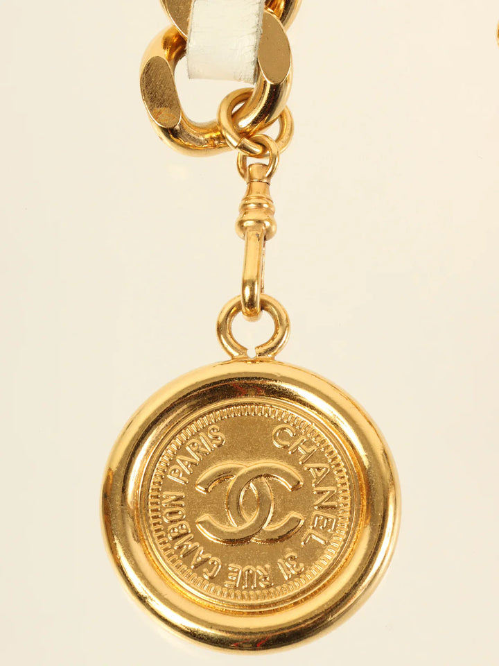 Chanel 1995 Made Logo Plate Cc Mark Coin Charm Chain Belt Gold/White