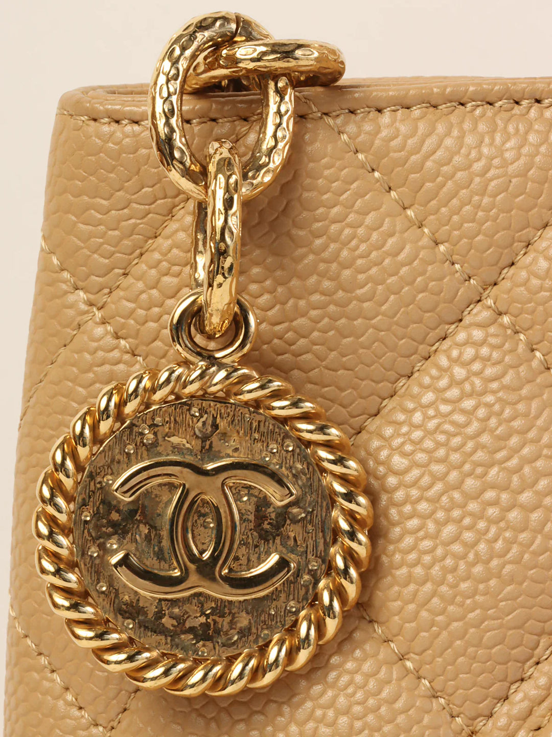 Chanel Around 2007 Caviar Skin Cc Mark Stitch Revival Tote Bag Beige
