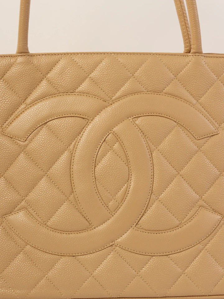 Chanel Around 2007 Caviar Skin Cc Mark Stitch Revival Tote Bag Beige
