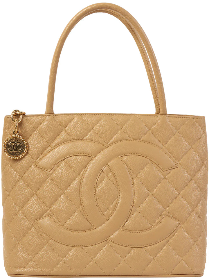Chanel Around 2007 Caviar Skin Cc Mark Stitch Revival Tote Bag Beige