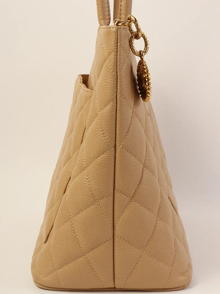 Chanel Around 2007 Caviar Skin Cc Mark Stitch Revival Tote Bag Beige