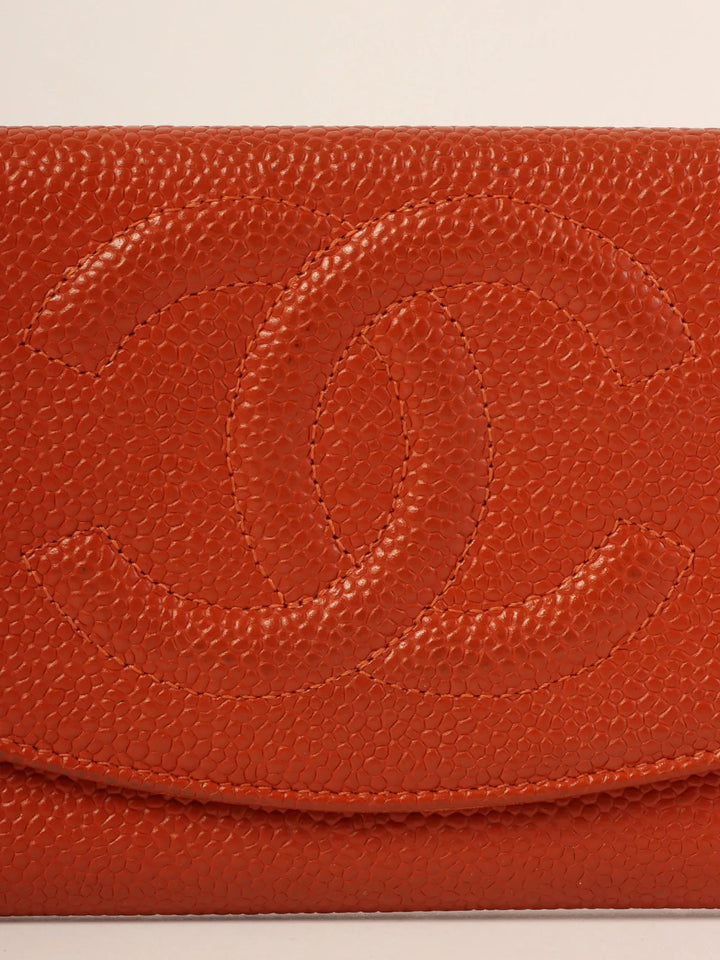 Chanel Around 1998 Made Caviar Skin Cc Mark Stitch Wallet Orange