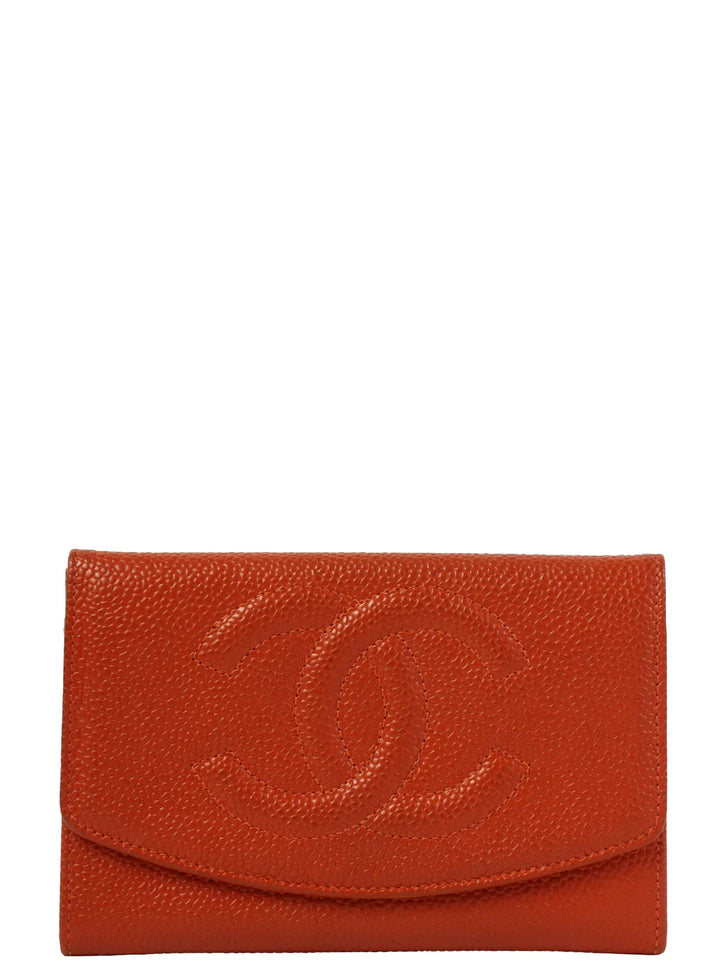 Chanel Around 1998 Made Caviar Skin Cc Mark Stitch Wallet Orange