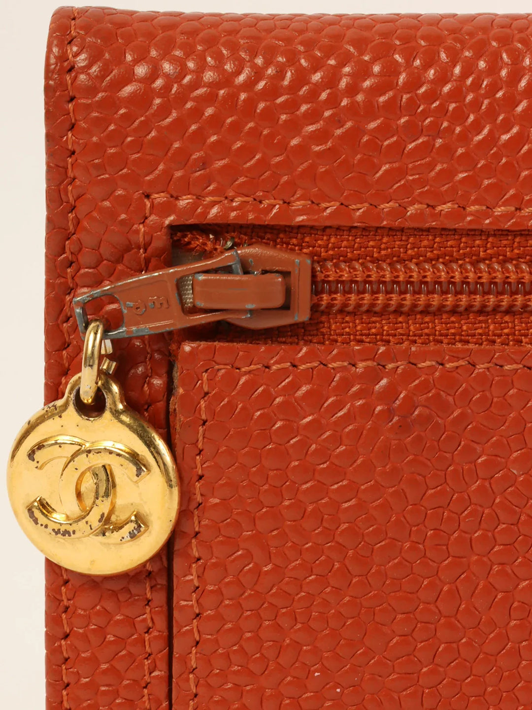 Chanel Around 1998 Made Caviar Skin Cc Mark Stitch Wallet Orange