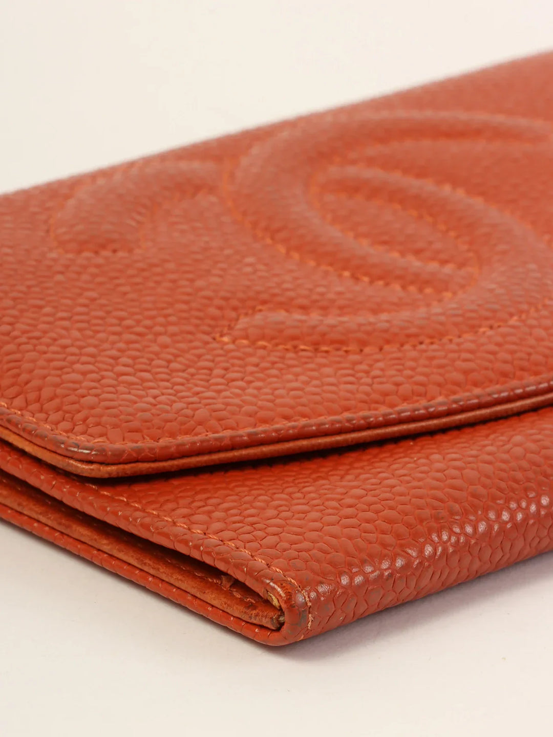 Chanel Around 1998 Made Caviar Skin Cc Mark Stitch Wallet Orange