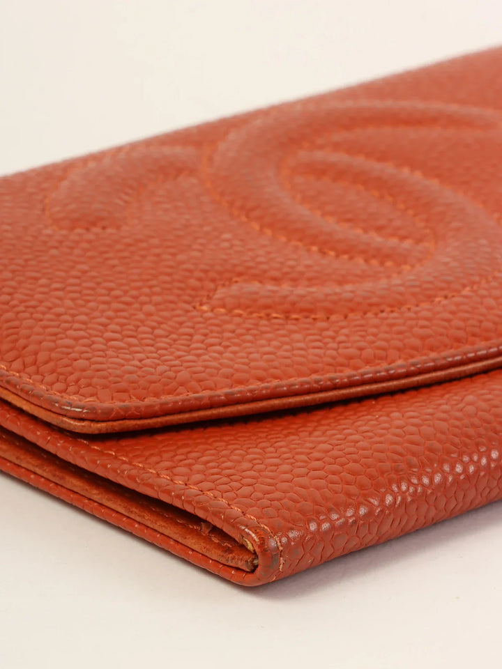 Chanel Around 1998 Made Caviar Skin Cc Mark Stitch Wallet Orange