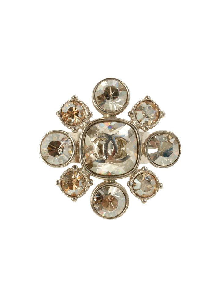 Chanel 2009 Made Rhinestone Cc Mark Plate Ring Silver