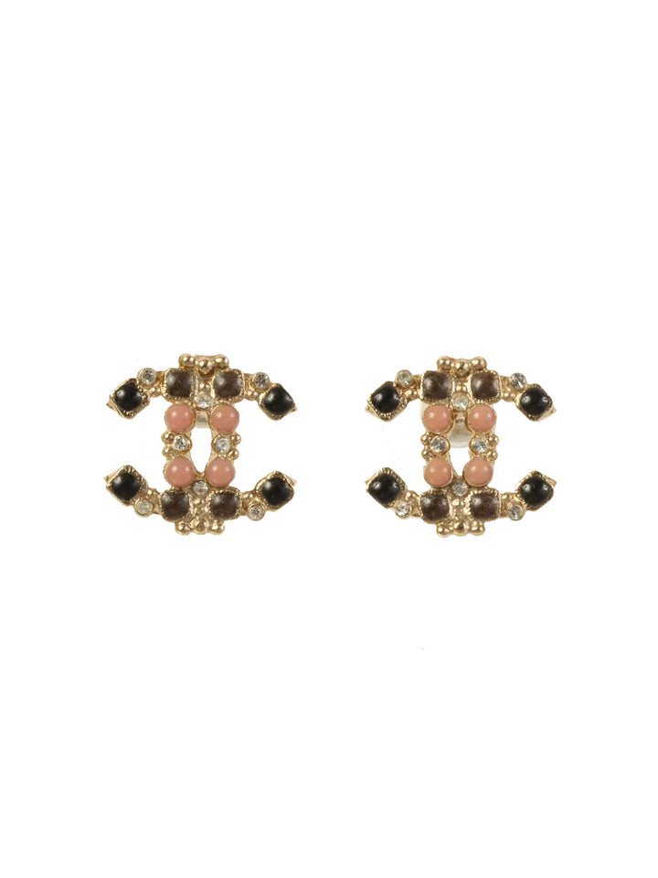 Chanel 2012 Made Rhinestone Cc Mark Pierced Earrings Gold/Pink/Black