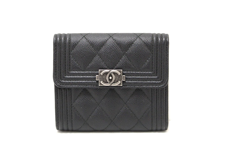 NEW  Top Quality Chanel Black Quilted Caviar Leather Boy Small Trifold Wallet