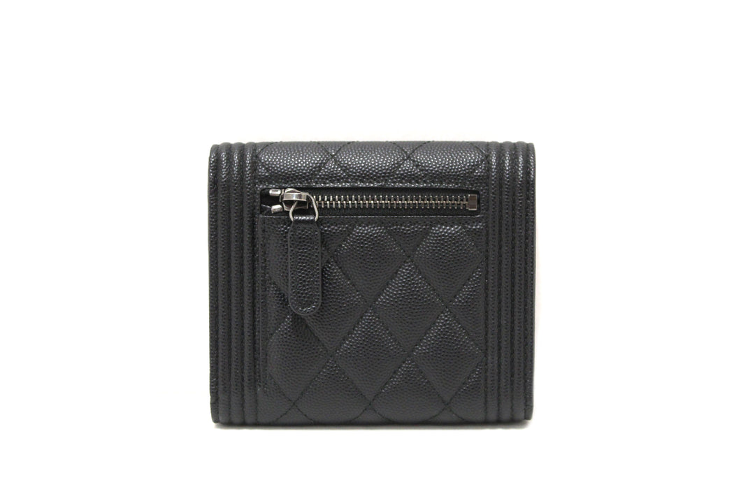 NEW  Top Quality Chanel Black Quilted Caviar Leather Boy Small Trifold Wallet