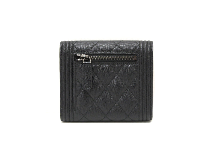 NEW  Top Quality Chanel Black Quilted Caviar Leather Boy Small Trifold Wallet