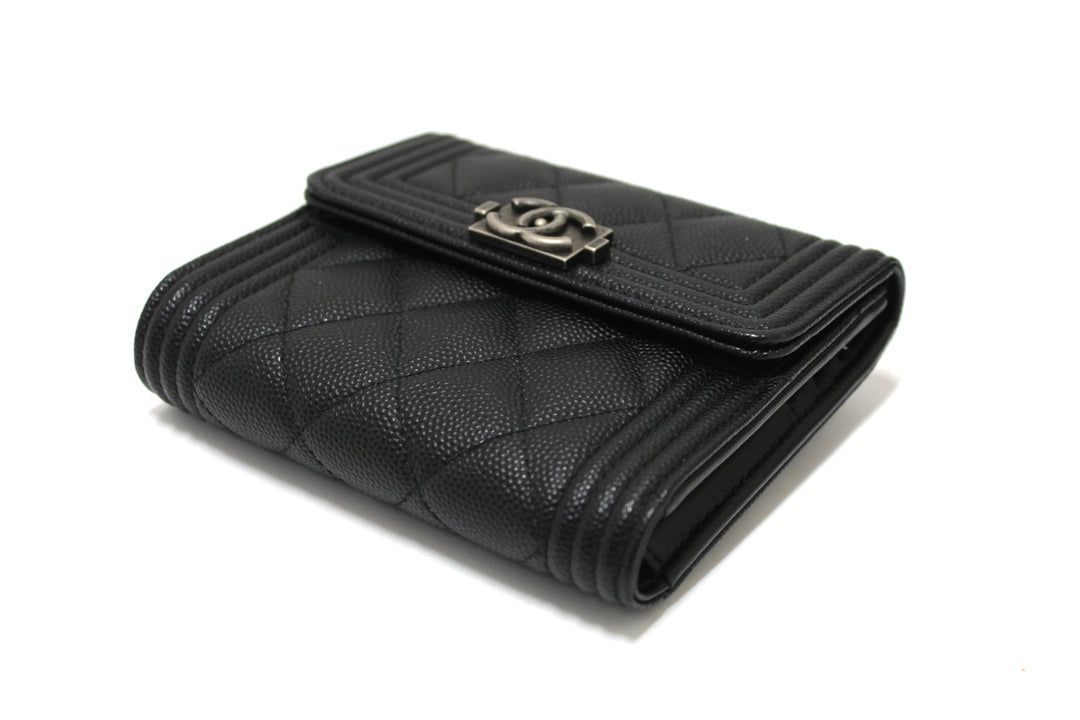 NEW  Top Quality Chanel Black Quilted Caviar Leather Boy Small Trifold Wallet