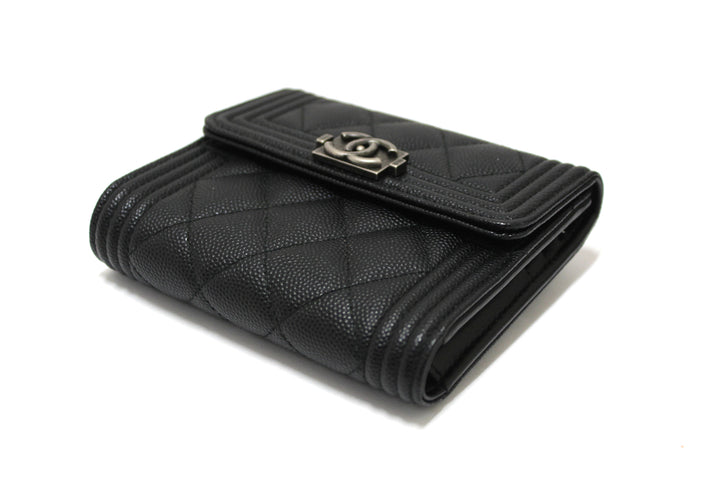 NEW  Top Quality Chanel Black Quilted Caviar Leather Boy Small Trifold Wallet
