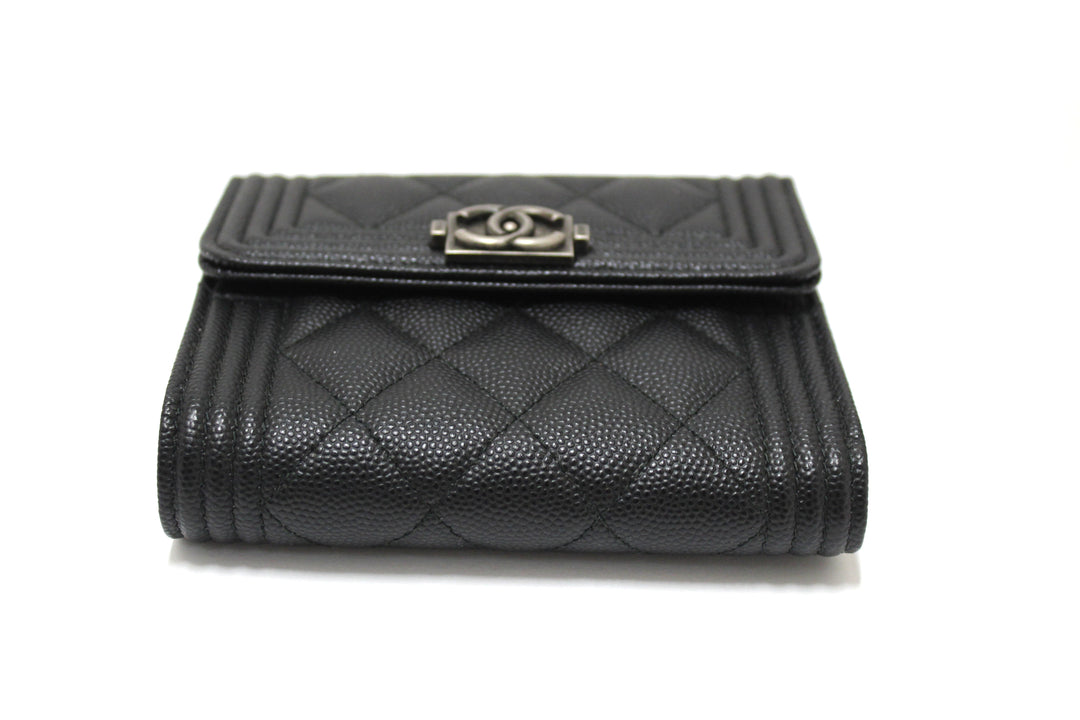 NEW  Top Quality Chanel Black Quilted Caviar Leather Boy Small Trifold Wallet