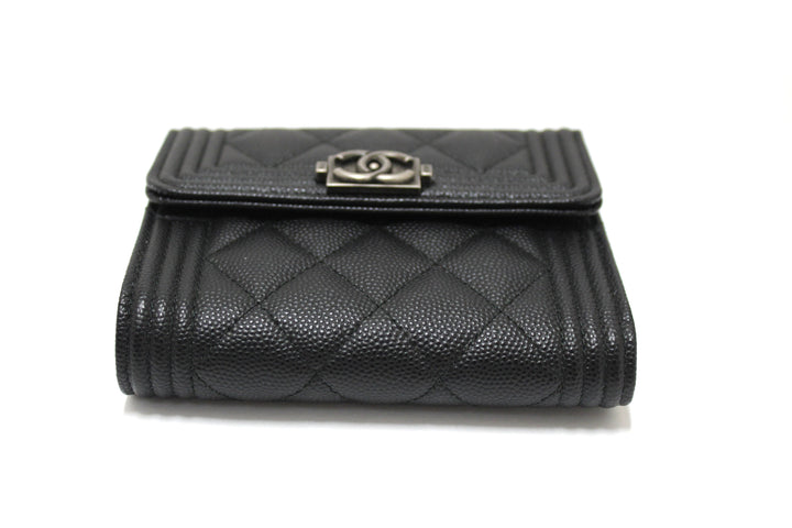 NEW  Top Quality Chanel Black Quilted Caviar Leather Boy Small Trifold Wallet