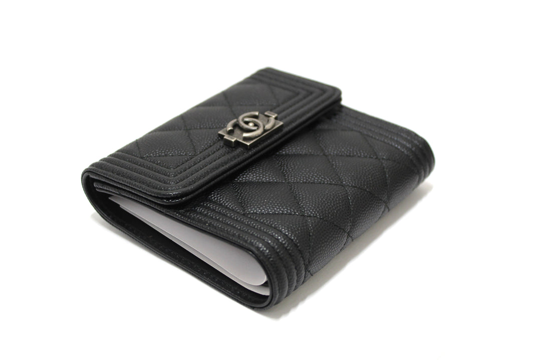 NEW  Top Quality Chanel Black Quilted Caviar Leather Boy Small Trifold Wallet