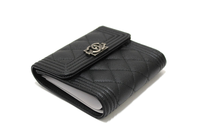 NEW  Top Quality Chanel Black Quilted Caviar Leather Boy Small Trifold Wallet