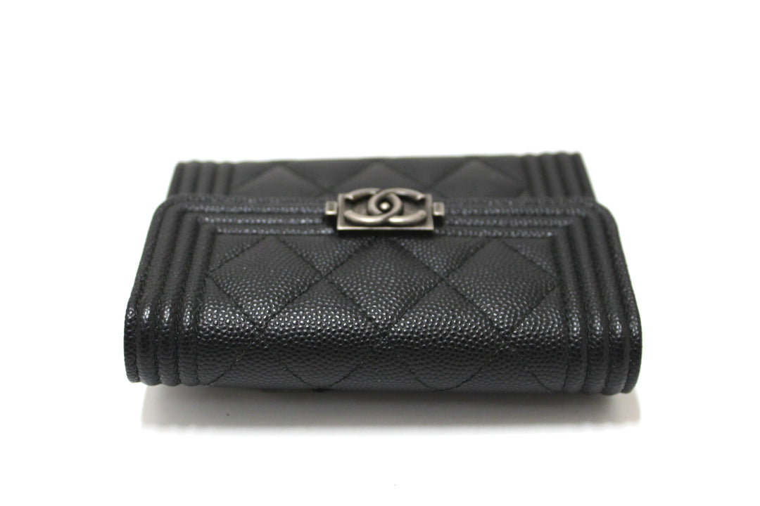 NEW  Top Quality Chanel Black Quilted Caviar Leather Boy Small Trifold Wallet