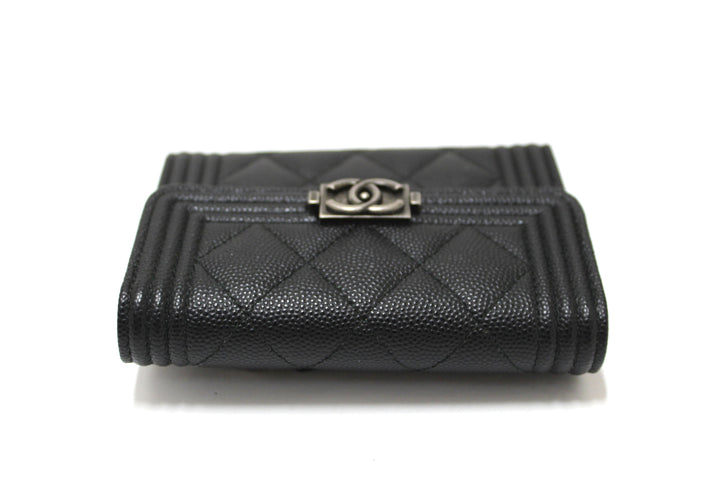 NEW  Top Quality Chanel Black Quilted Caviar Leather Boy Small Trifold Wallet