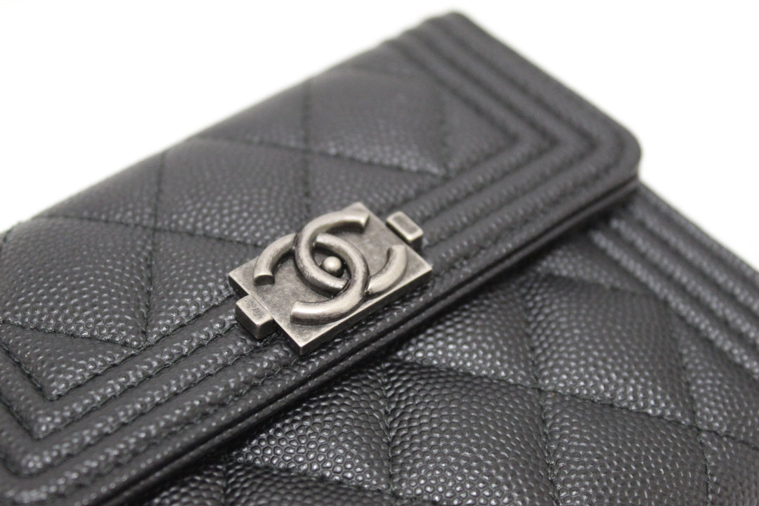 NEW  Top Quality Chanel Black Quilted Caviar Leather Boy Small Trifold Wallet