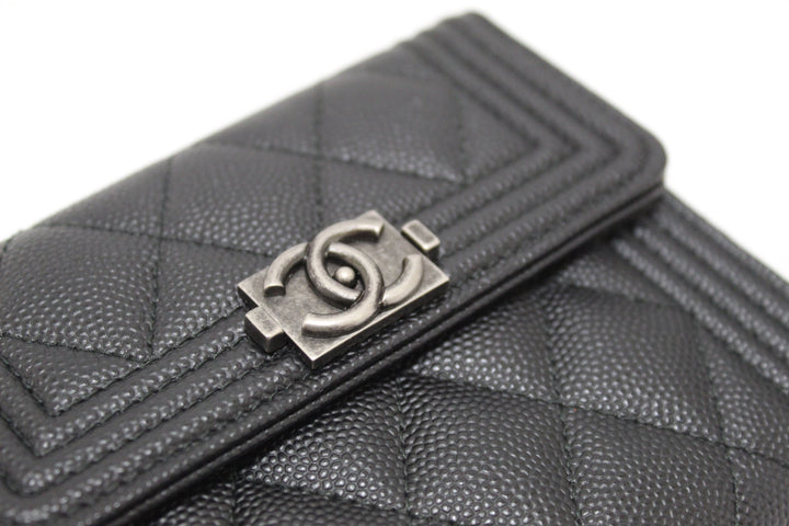 NEW  Top Quality Chanel Black Quilted Caviar Leather Boy Small Trifold Wallet