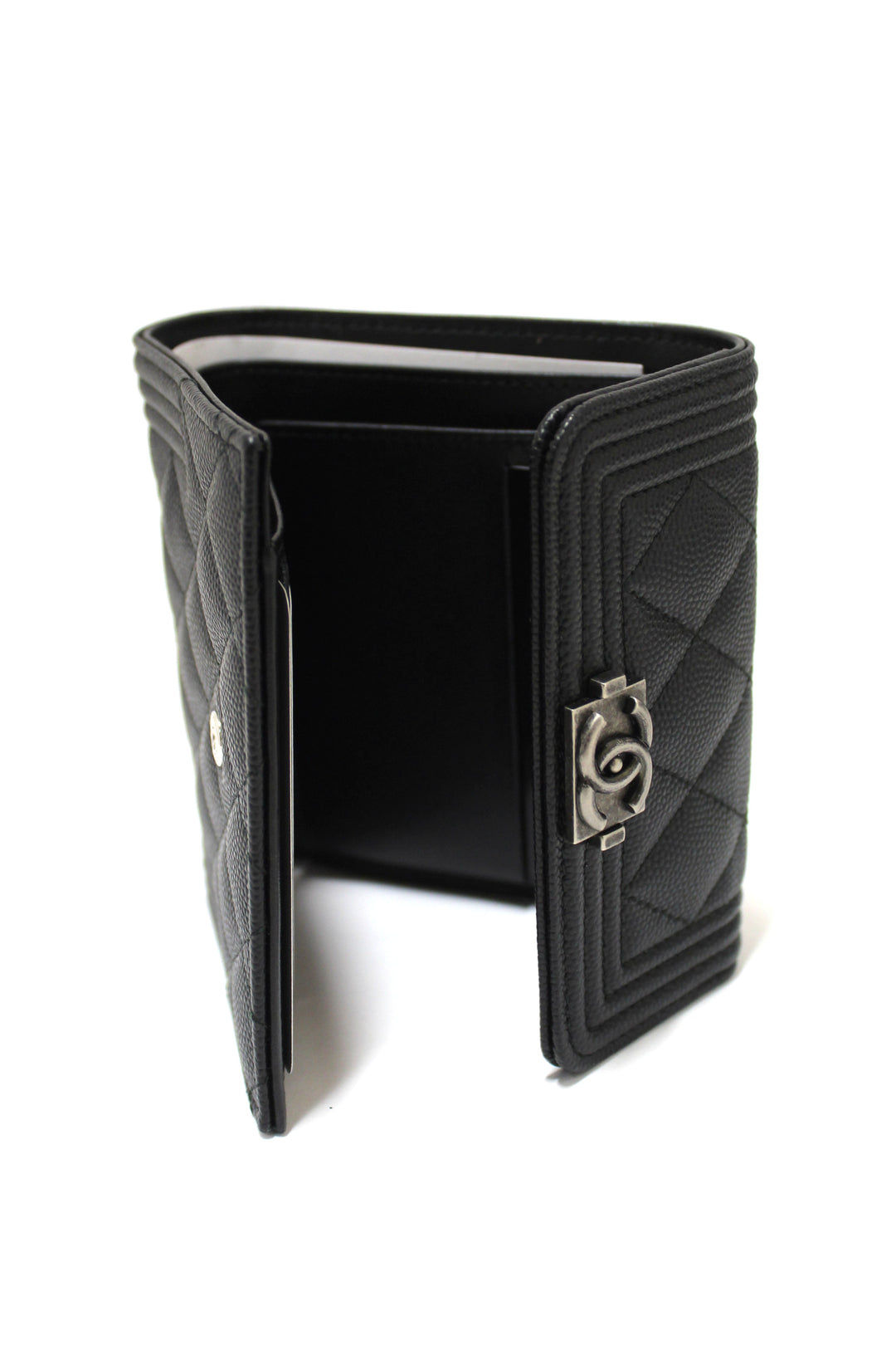 NEW  Top Quality Chanel Black Quilted Caviar Leather Boy Small Trifold Wallet