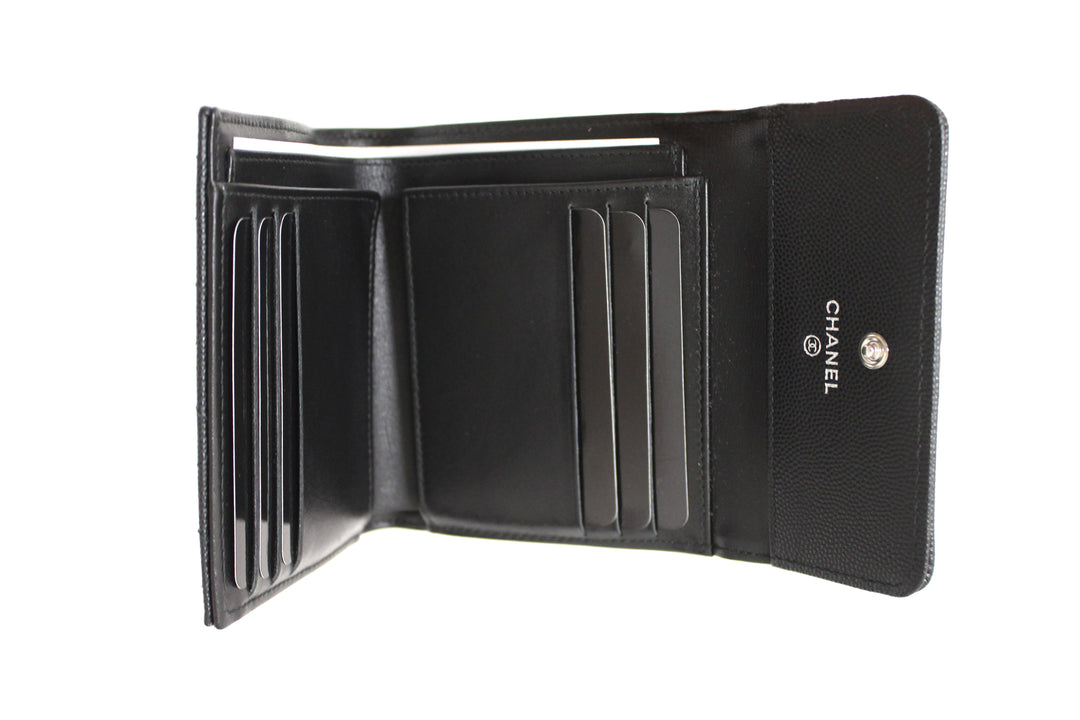 NEW  Top Quality Chanel Black Quilted Caviar Leather Boy Small Trifold Wallet