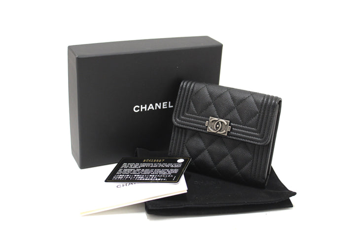 NEW  Top Quality Chanel Black Quilted Caviar Leather Boy Small Trifold Wallet