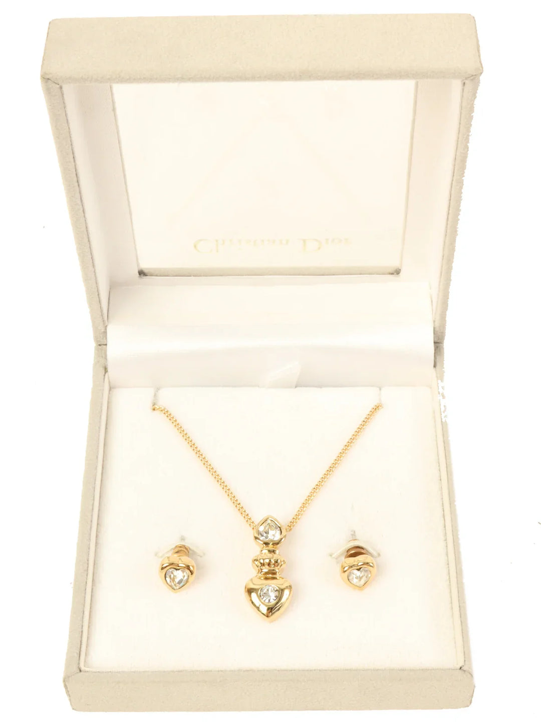 Dior Heart Rhinestone Pierced Earrings Necklace Sets Gold