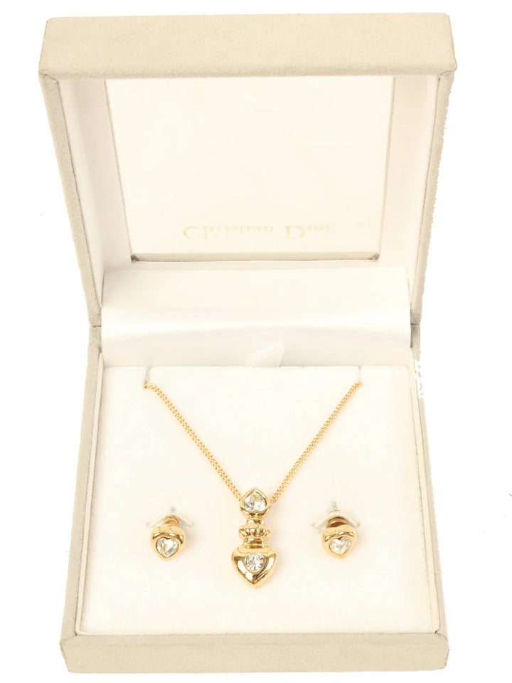 Dior Heart Rhinestone Pierced Earrings Necklace Sets Gold