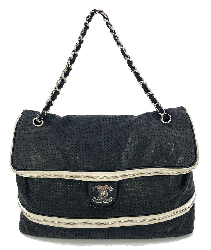 Chanel Black Perforated Leather Expandable Classic New Shoulder Bag