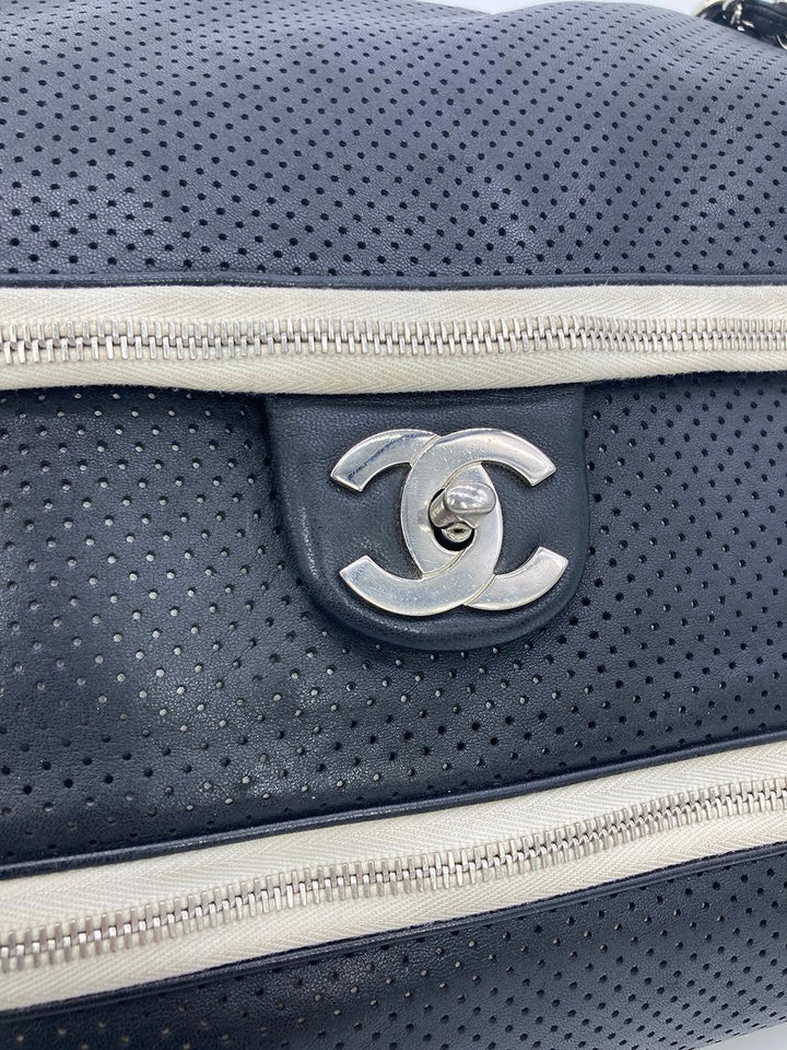 Chanel Black Perforated Leather Expandable Classic New Shoulder Bag