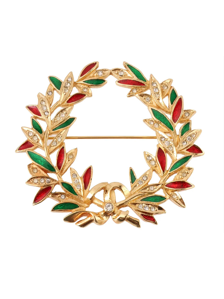 Top quality Dior Rhinestone Leaf Motif Brooch Gold/Green/Red