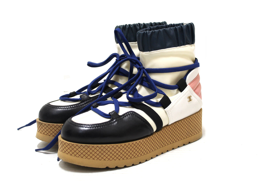 Top Quality Chanel Lambskin & Mixed Fibers Ivory, Rose, Blue & Black Lace Up Platform Size 35.5 C