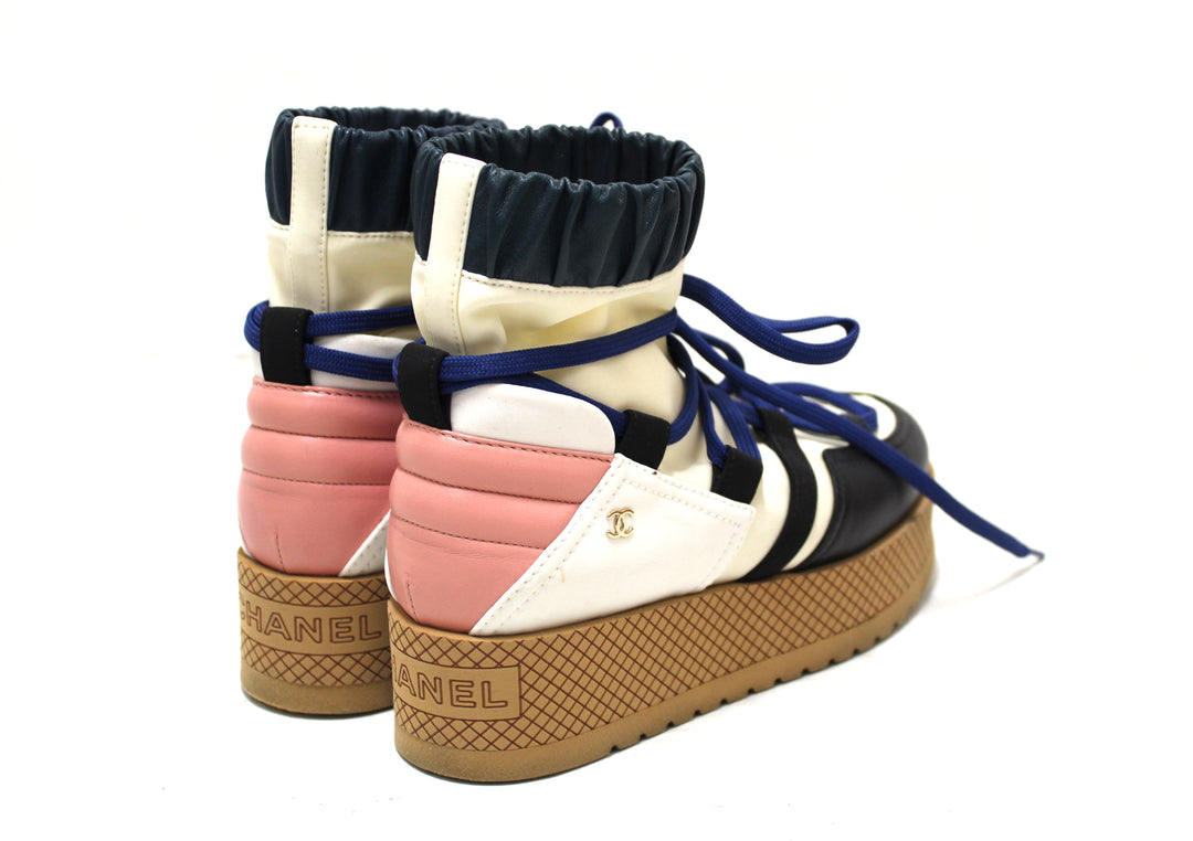 Top Quality Chanel Lambskin & Mixed Fibers Ivory, Rose, Blue & Black Lace Up Platform Size 35.5 C