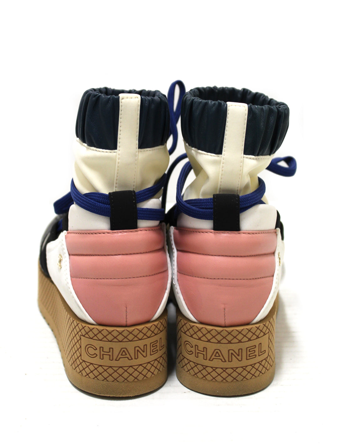 Top Quality Chanel Lambskin & Mixed Fibers Ivory, Rose, Blue & Black Lace Up Platform Size 35.5 C