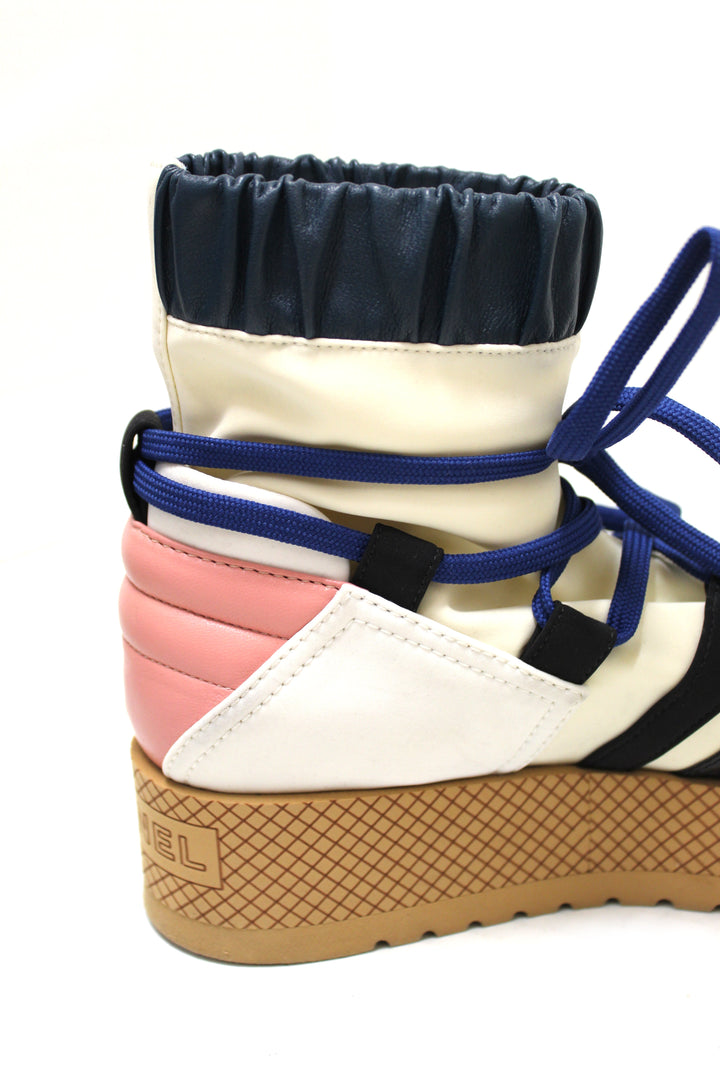 Top Quality Chanel Lambskin & Mixed Fibers Ivory, Rose, Blue & Black Lace Up Platform Size 35.5 C