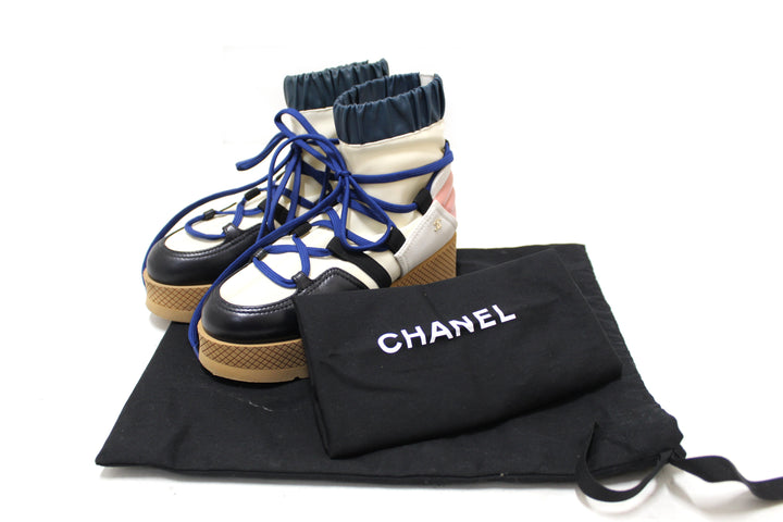 Top Quality Chanel Lambskin & Mixed Fibers Ivory, Rose, Blue & Black Lace Up Platform Size 35.5 C