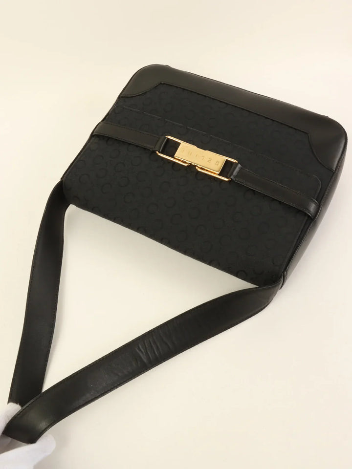 Celine C Macadam Pattern Logo Plate Shoulder Bag Black