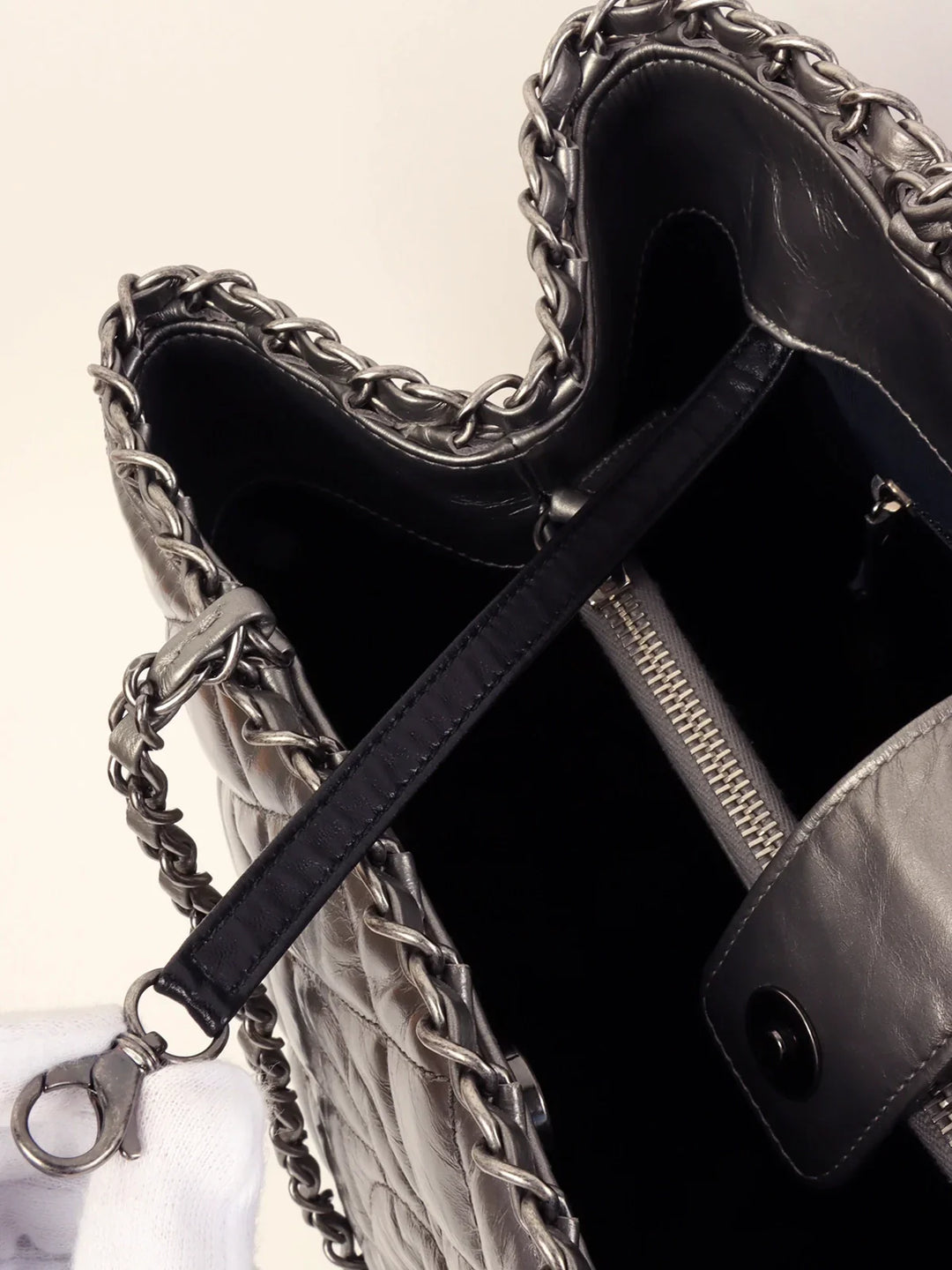 Chanel Around 2010 Made Cc Mark Stitch Chain Tote Bag Silver