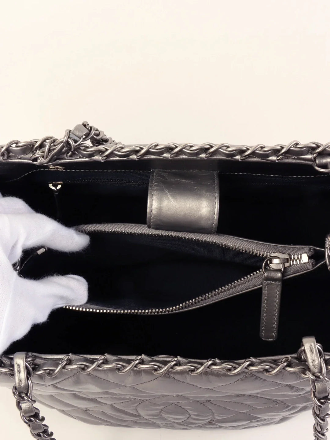 Chanel Around 2010 Made Cc Mark Stitch Chain Tote Bag Silver