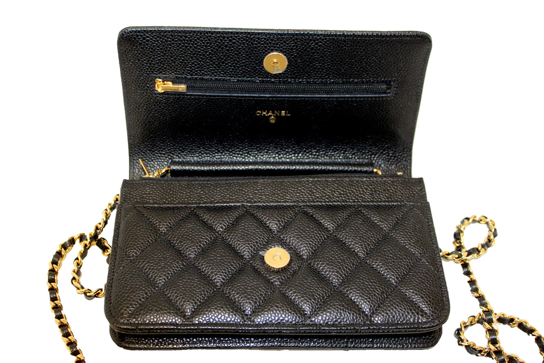 NEW Top Quality Chanel Black Quilted Caviar Leather Wallet On Chain WOC Messenger Bag