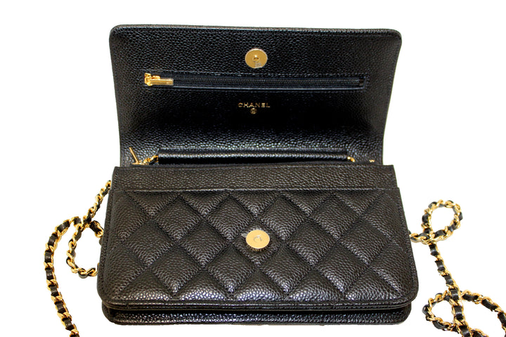 NEW Top Quality Chanel Black Quilted Caviar Leather Wallet On Chain WOC Messenger Bag
