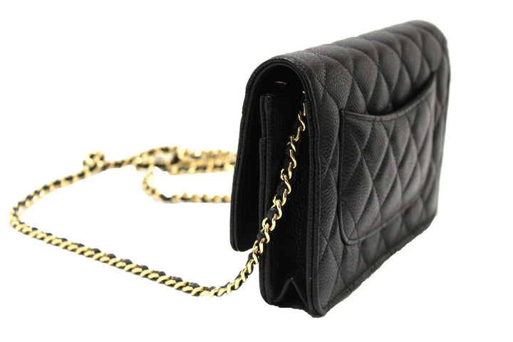 NEW Top Quality Chanel Black Quilted Caviar Leather Wallet On Chain WOC Messenger Bag