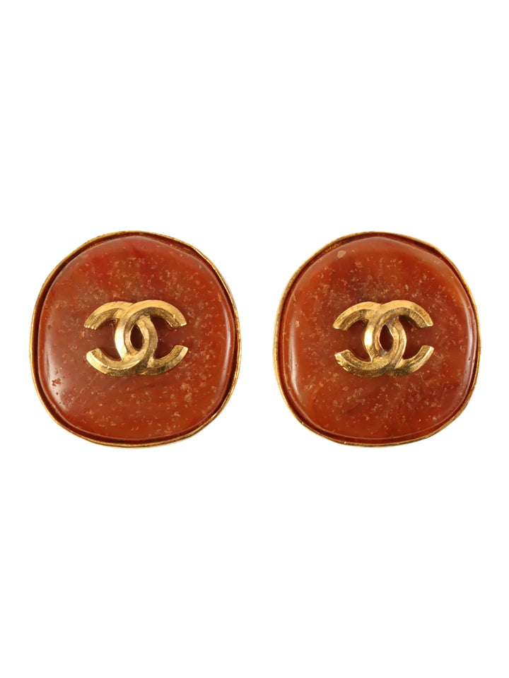 Chanel 1998 Made Color Stone Cc Mark Earrings Brown/Gold